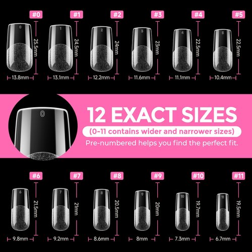 UNA GELLA Medium Square Nail Tips: 216pcs Square Press on Nails Pre-shape Clear Nails Tips for Full Cover Acrylic French False Nails For Nail Extension, Home DIY Nail Salon 12 Sizes False Tips