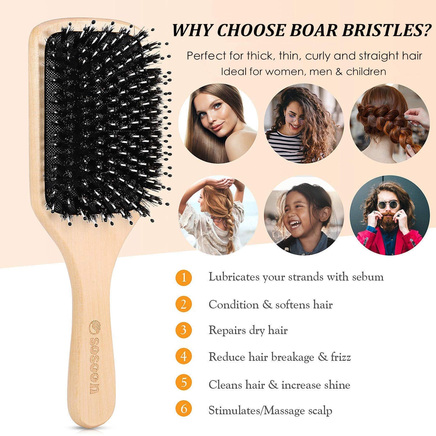 Sosoon Boar Bristle Paddle Hairbrush - Tangle-Free Styling for All Hair Types | Gift Box & Tail Comb Included