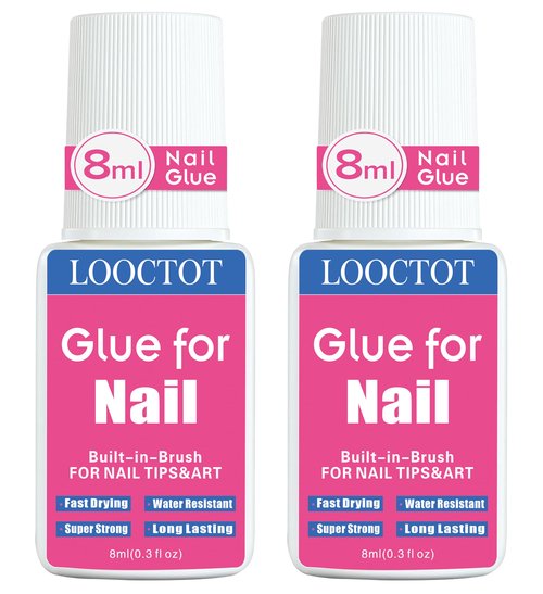 Super Strong Nail Glue for Nail Tips,Acrylic Nails and Press on Nails,Built in Brush on Nail Glue for Press on Nails,Long Lasting Nail Cement(8ml*2)