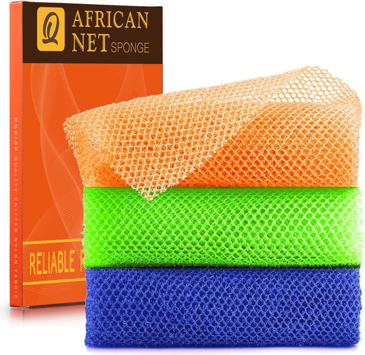 UJFQBH African Bath Sponge Set - Exfoliating Shower Scrubber for Smooth Skin | 3 Pieces in Orange, Blue, Green