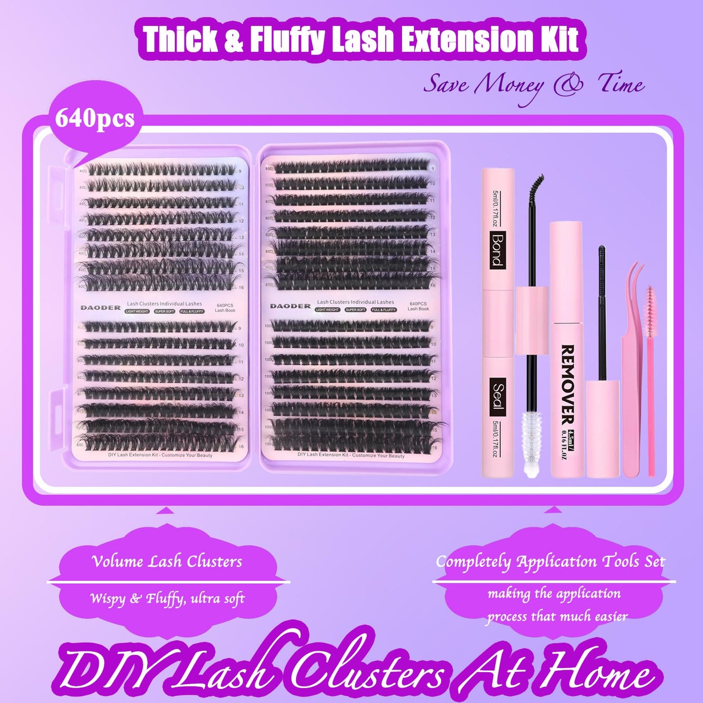 DAODER Eyelash Extension Kit - 640pcs Fluffy Lash Clusters Kit 40D+60D+80D+100D Multi Style Thick Lash Extension Dramatic With Bond Seal and Revmover Waterproof 9-16mm(40D+60D+80D+100D Kit 640pcs)