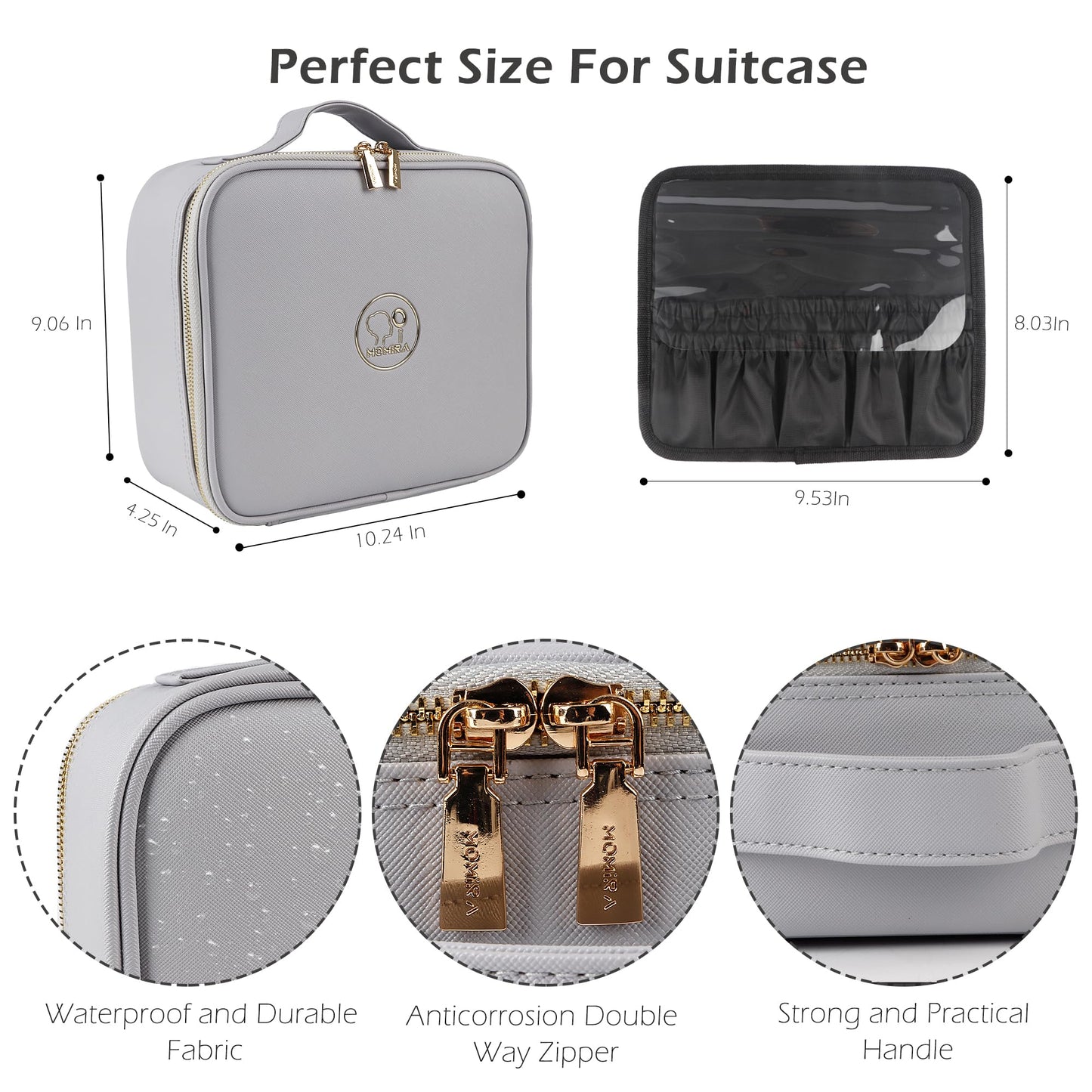 MOMIRA Travel Makeup Bag Cosmetic Bag Makeup Organizer Bag with Large Lighted Mirror 3 Color Scenarios Adjustable Brightness, Waterproof Makeup Travel Case(Grayish)