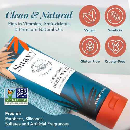 Saavy Naturals Moisturizing Body Wash - Plant-Based Formula with Coconut Oil & Aloe Vera | Tahitian Vanilla, 8.5 fl oz (2 Pack)