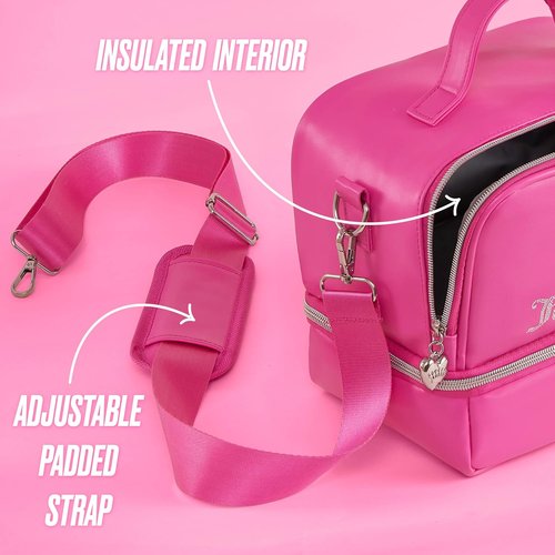 Juicy Couture Double Zip Lunch Tote Bag - Insulated Cooler with Adjustable Strap | Hot Pink Bling Crown Design