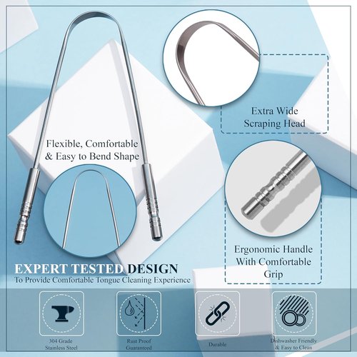 MasterMedi Tongue Scraper - 100% Stainless Steel Tongue Cleaner with Multicolor Travel Cases (2 Pack) for Fresh Breath