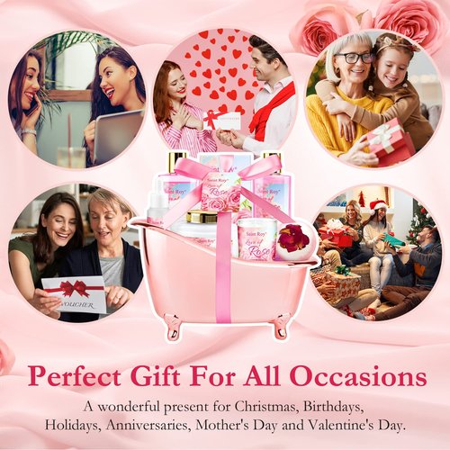 bath Gifts for Her Rose scents Mother Gift Bath Set for Women, Luxury Home Spa Kit Rose Bath Gift Basket, Includes Shower Gel, Body Lotion, Bath Bomb, Spa salts and More, Christmas Gift