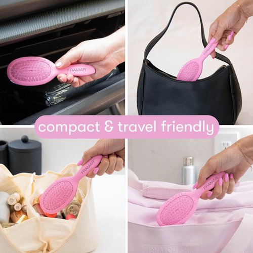 FRAMAR Mini Hair Brush Detangler - Compact Travel Brush Reducing Breakage for All Hair Types - Matte Pink