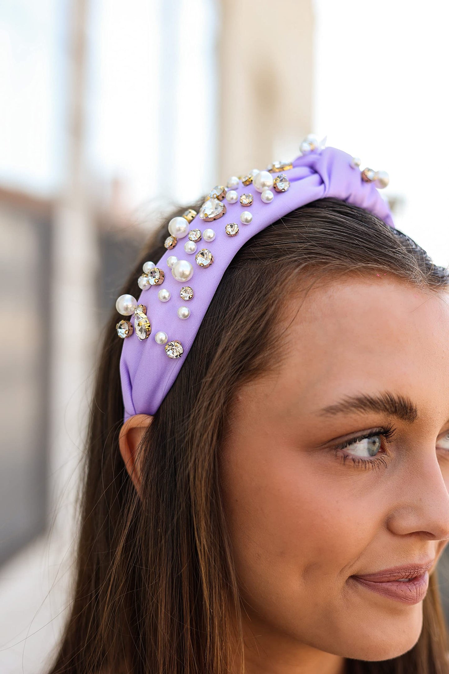 GLBCC Pearl Headband Sparkly Rhinestone Pearls Knot Hairband Wide Knotted Headband Headpiece Spring Summer Pink Black Headbands Headwear Accessories (purple knot hairband)