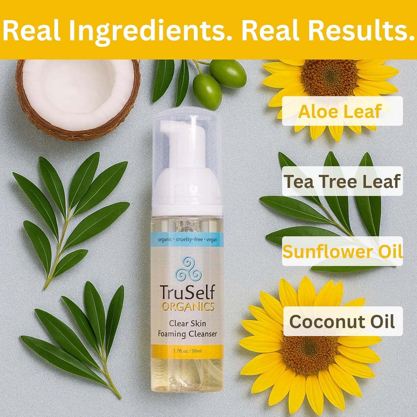 TruSelf Organics Deep Cleansing Face Wash - Acne Fighting Foaming Cleanser for Oily Skin - Vegan Tea Tree Oil Pore Control, Travel Size 1.7 oz