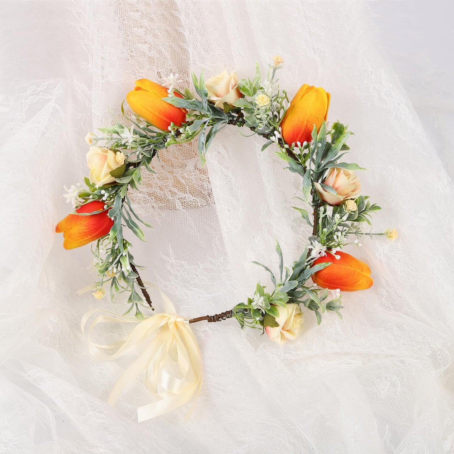 Vivivalue Women Floral Crown Flower Garland Headband Hair Wreath Floral Headpiece Halo Boho with Ribbon Wedding Party Festival Photos