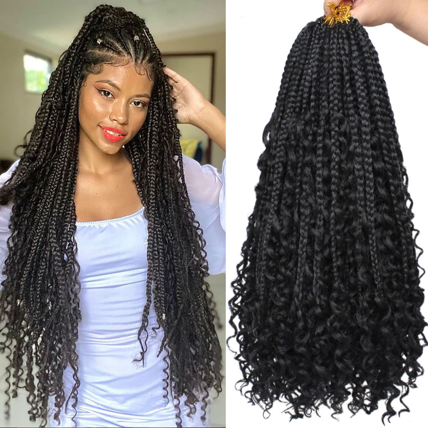 Unionbeauty 8 Packs 24 Inch Boho Box Braids Crochet Hair Curly Ends Goddess Box Braids Hair Distressed Butterfly Bohemian Hippie Braids Pre-looped Synthetic Braiding Hair Extension for Black Woman 1B#
