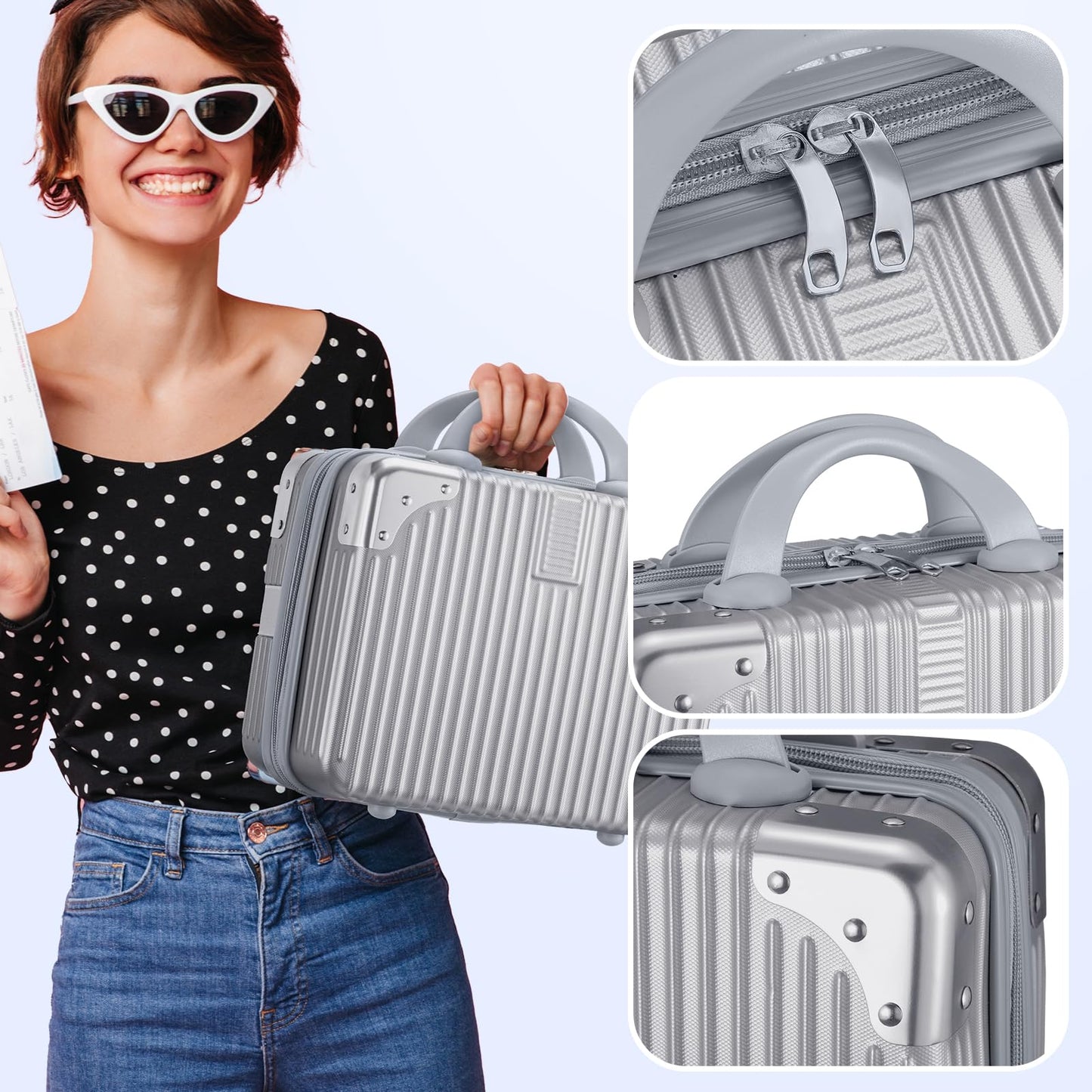 Noverlife 12 Inch Hard Shell Cosmetic Case, Small Hard Case Makeup Travel Case with Elastic Band ABS Carrying Suitcase, Mini Carrying Makeup Suitcase Small Travel Hand Luggage Organizer - Silver