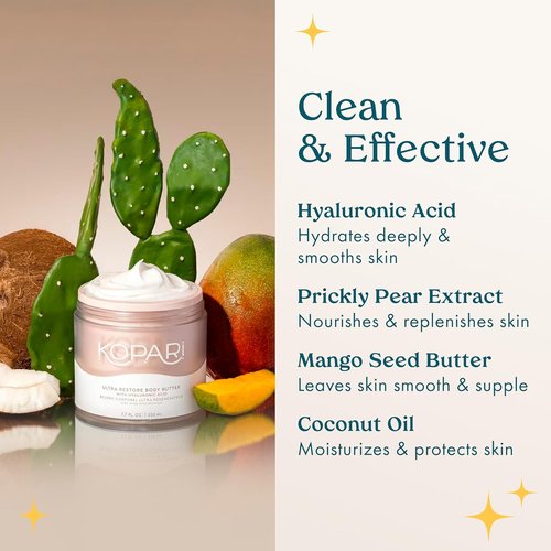 Kopari Ultra Restore Body Butter - Whipped Lightweight Formula with Hyaluronic Acid & Mango Seed Butter | 7.7 oz for Deep Moisture