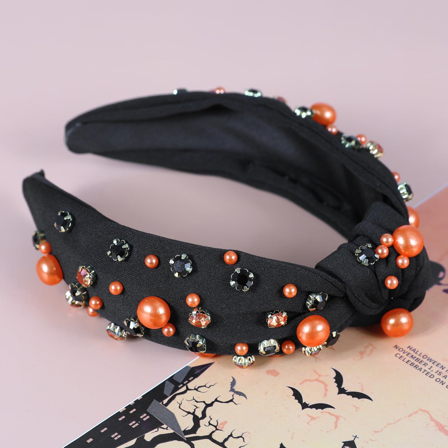 Gmmidea Halloween Pearl Knotted Headbands for Women Sparkly Beaded Crystal Embellished Headband Wide Top Knot Black Pumpkin Hairband Fancy Girls Halloween Hair Accessories Outfits