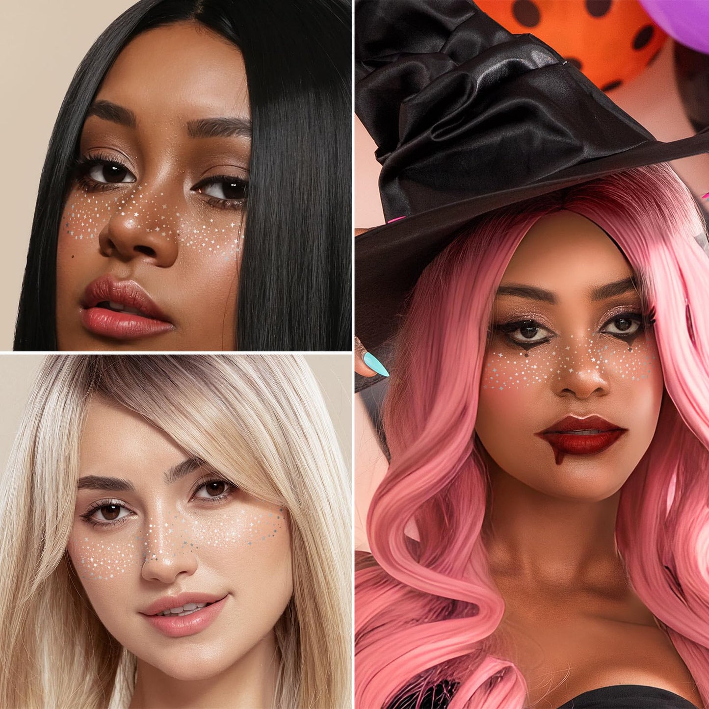 FANDAMEI Glitter Freckles, 6PCS Glitter Freckles Silver, Face Glitter Makeup Speckles. Glitter Face Speckles, Makeup Patches, Face Glitter Speckles for Women, 6PCS (Silver)