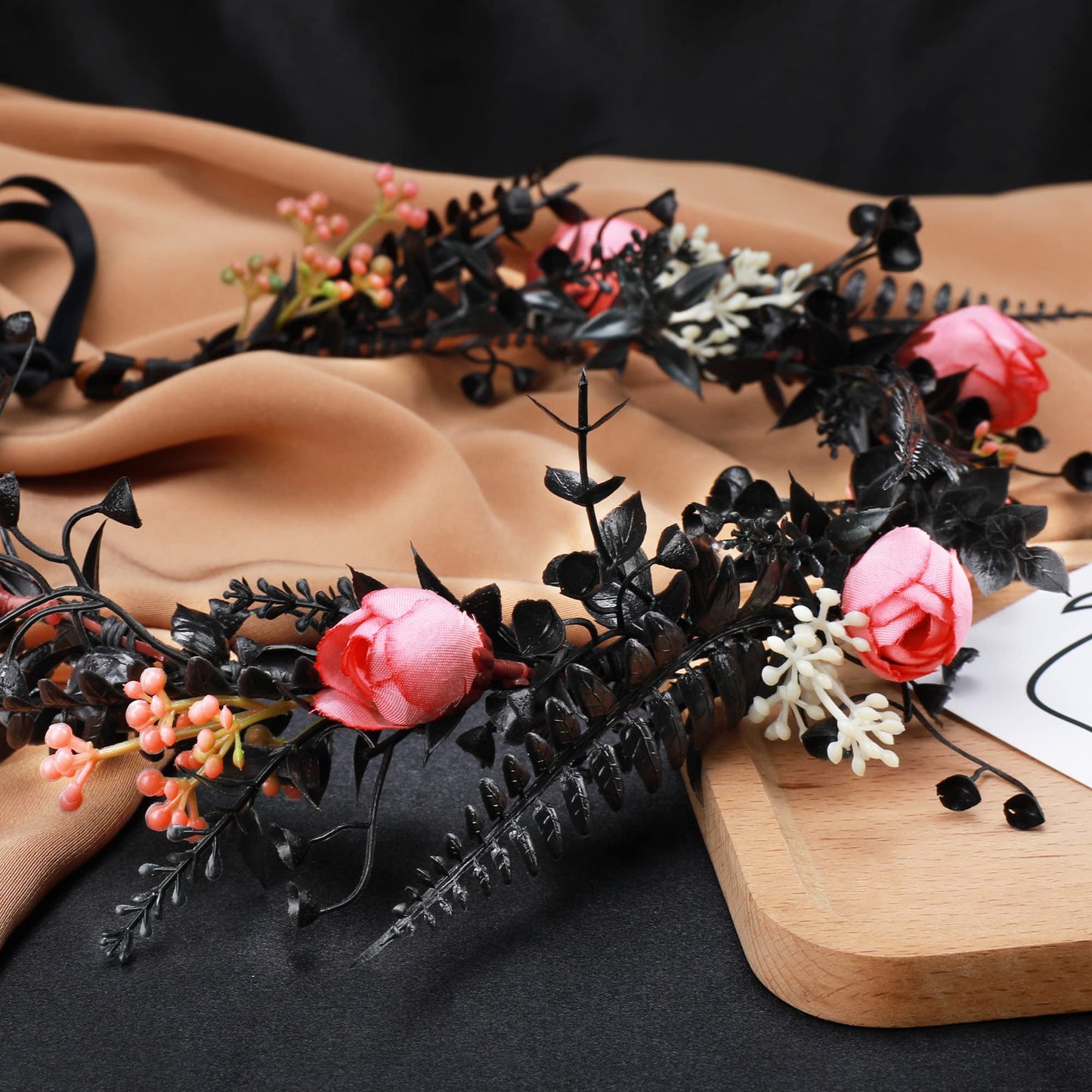 MOSTORY Handmade Black Flower Crown - Dark Floral Headband Elf Wreath Fairy Circlet for Women Girls Renaissance Halloween Cosplay Accessory