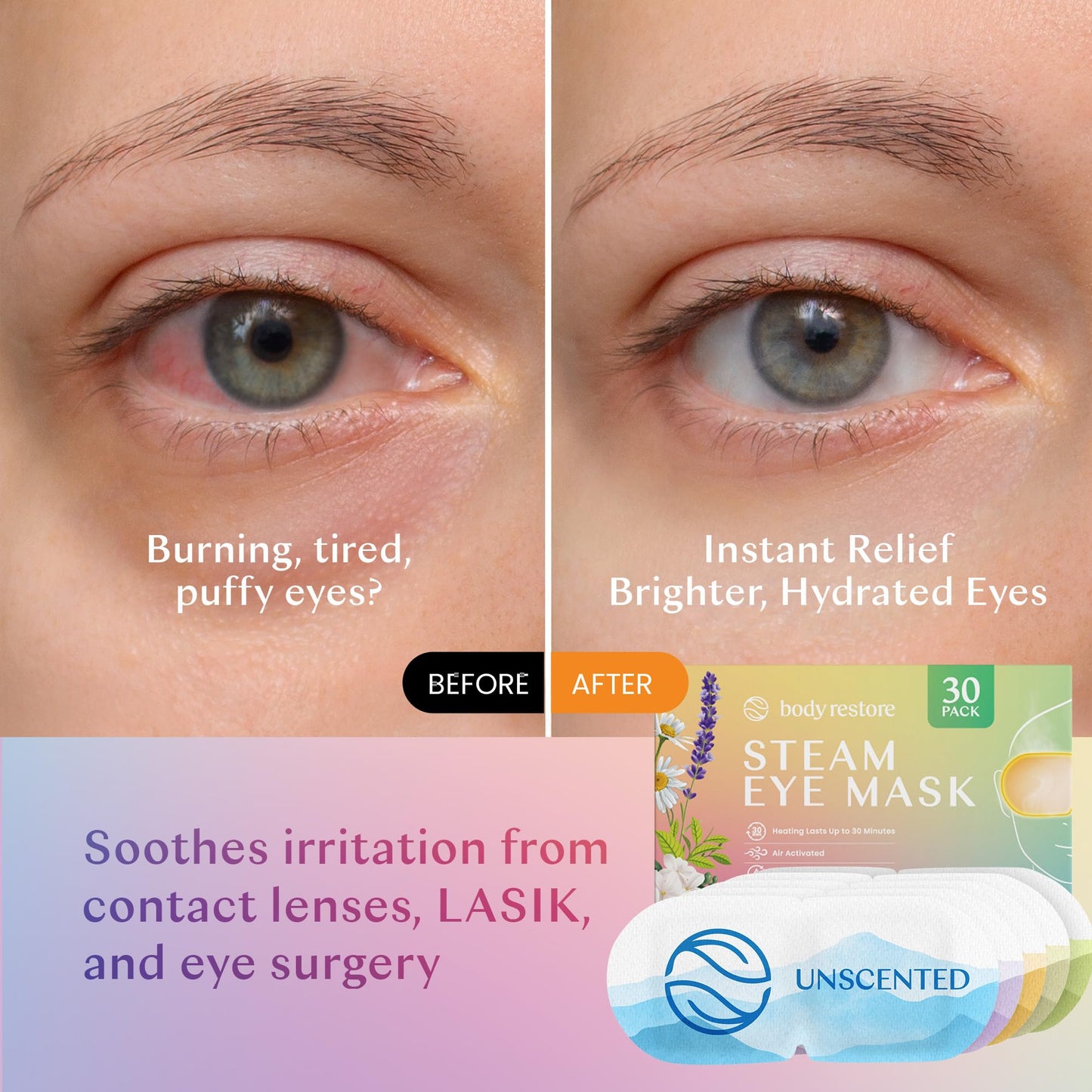 Body Restore Self Heated Steam Eye Mask 30 Pack - Easter Basket Stuffers, Relaxation Gifts for Her and Him, Best Friend, Stye Eye Treatment, Disposable Heating Pad, Travel Essentials - Variety