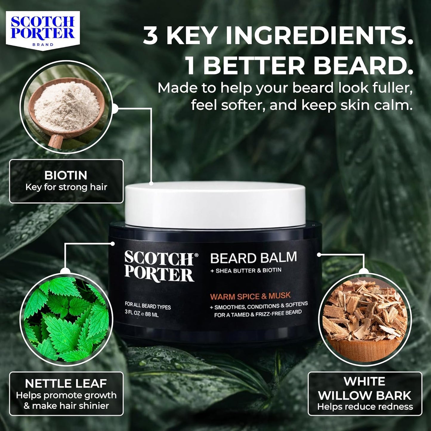 Scotch Porter Conditioning Beard Balm - Smooth, Shape & Moisturize Coarse Facial Hair - Original Scent, 3 oz. Jar