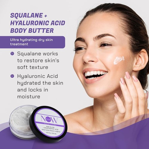 NOW Beauty Squalane Body Butter - Hydrating Coconut Oil & Shea Butter Lotion for Dry Skin - 6 oz