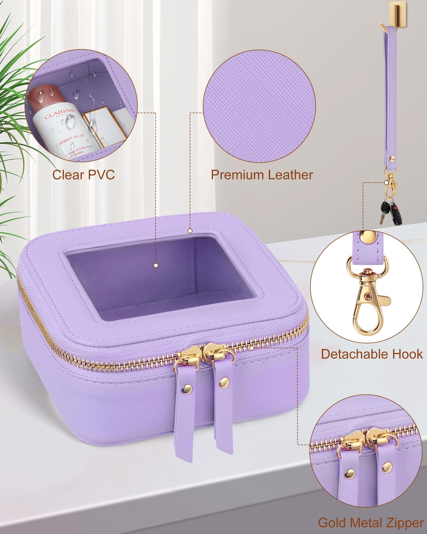 XUGUXA Clear Makeup Bag | Mini Makeup Bag | Small Makeup Bag/Small Cosmetic Bag for Purse | Cute Leather Makeup Pouch | Purse Organizer | Car Travel Purse Essentials for Women (Purple Mini)