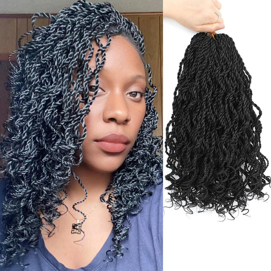 Wavy Senegalese Twist Crochet Hair For Black Women 12 Inch 10 Packs Senegalese Twist Braiding Hair Crochet Twists Pre Looped Twist Crochet Hair Curly Crochet Twist Hair With Curly Ends(1B#)