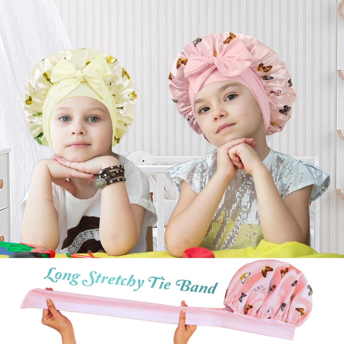 choshion 2 PCS Kids Bonnets for Girls, Silk Bonnet for Kids, Satin Silk Hair Bonnet for Sleeping with Tie Band, Baby Toddler Teens Child Sleep Cap for Curly Hair Braids