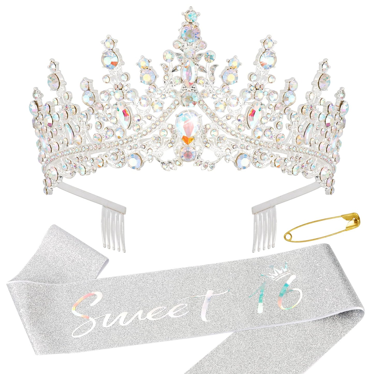 Sweet 16 Birthday Sashes and Tiaras for Girls 16th Crowns and Sash for Women 16th Birthday Party Decorations Birthday Gifts Party Supplies AB Silver