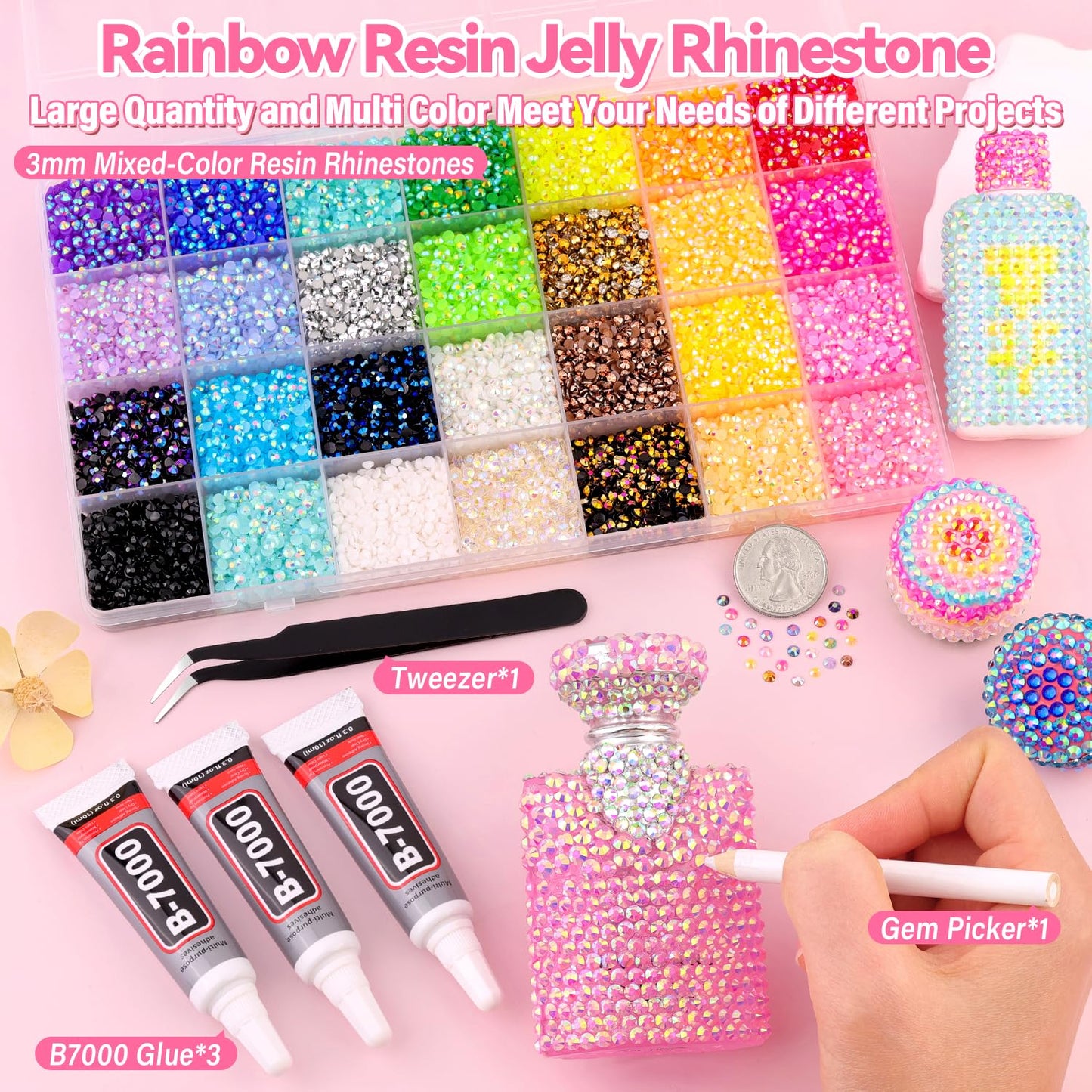 Resin Rhinestones for Bedazzling Kit, 34000Pcs Mixed-Color 3mm Bedazzled Crystal with 3Pcs 10ml B7000 Jewelry Glue, Flatback Gems for DIY Crafts Clothing Nail Art Makeup