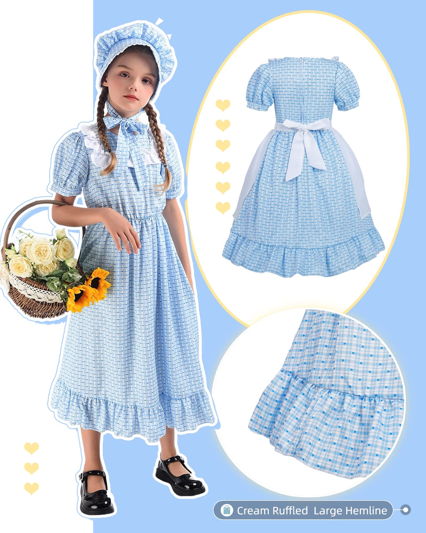 NSPSTT Pioneer Dresses for Girls Colonial Costume Prairie Dresses for Girls Polka Dot Dress, Blue S