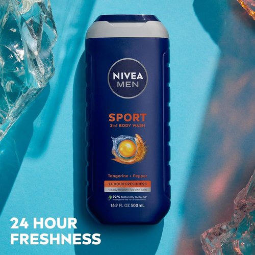 NIVEA Men Sport Body Wash - Revitalizing Minerals & Tangerine Pepper Scent | 3-in-1 Formula, 16.9 Fl Oz