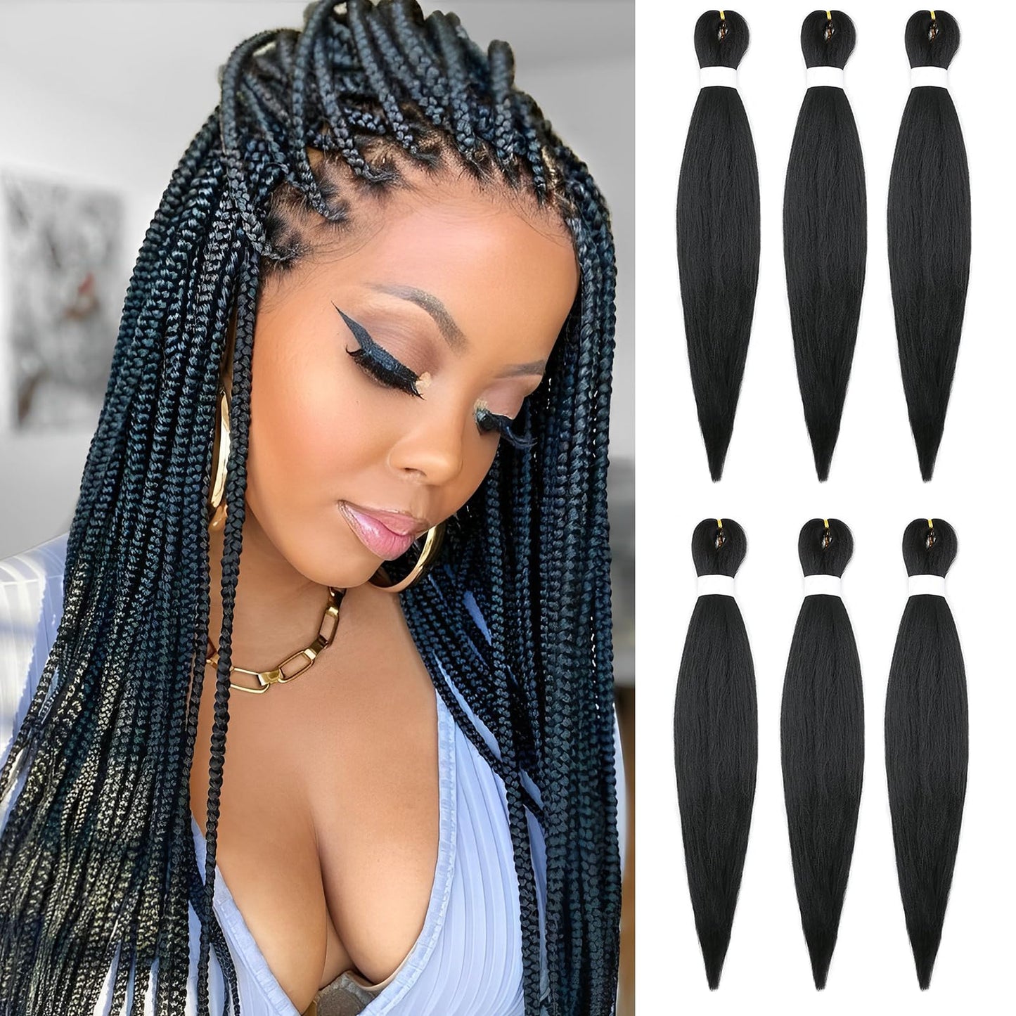 Coriario Black Braiding Hair Pre Stretched 26inch 6 Packs Prestretched Braiding Hair Long Straight Braiding Hair Soft Yaki Synthetic Braids Hair Extensions(1B Braiding Hair)