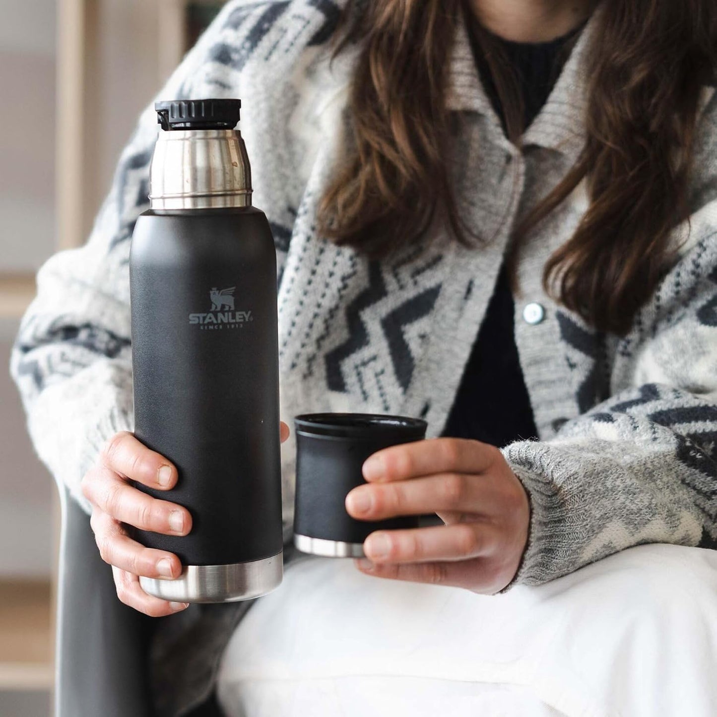 Stanley Adventure-To-Go Vacuum Bottle - 1.1 Qt Insulated Stainless Steel | Leakproof Cup Lid | Black