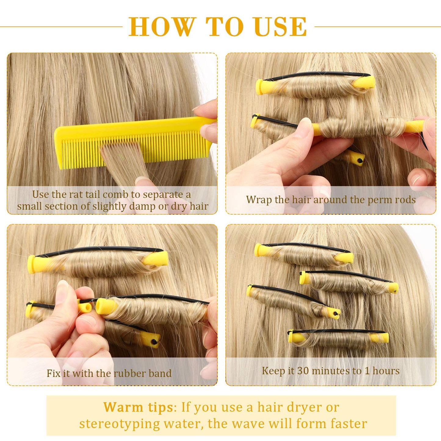 WILLBOND Hair Perm Rods - 96 Pcs Heatless Curlers with 2 Steel Pintail Combs | 0.28 Inch, Yellow
