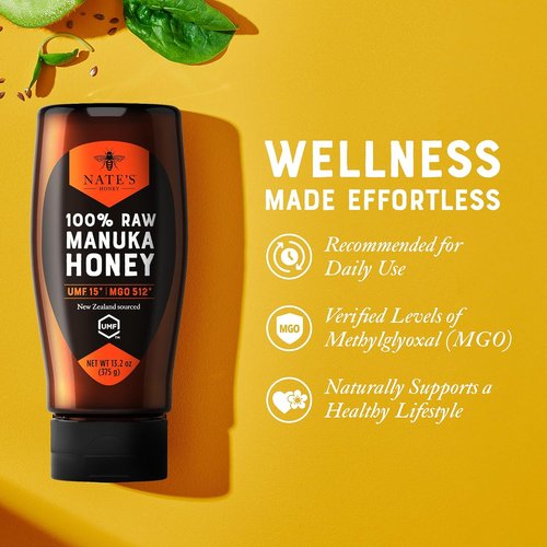 Nate's Raw Manuka Honey - MGO 512+ | UMF Certified 15+ | 13.2 oz Squeeze Bottle