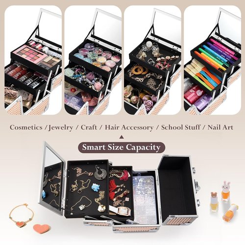 FRENESSA Makeup Case - Portable Train Case with Mirror | Hard Organizer for Travel & Vanity - Rose Gold
