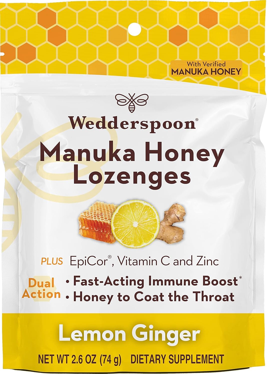 Wedderspoon Manuka Honey Lozenges - Lemon Ginger Flavor, 2.6 Oz | Boost Immunity Fast with Genuine New Zealand Honey