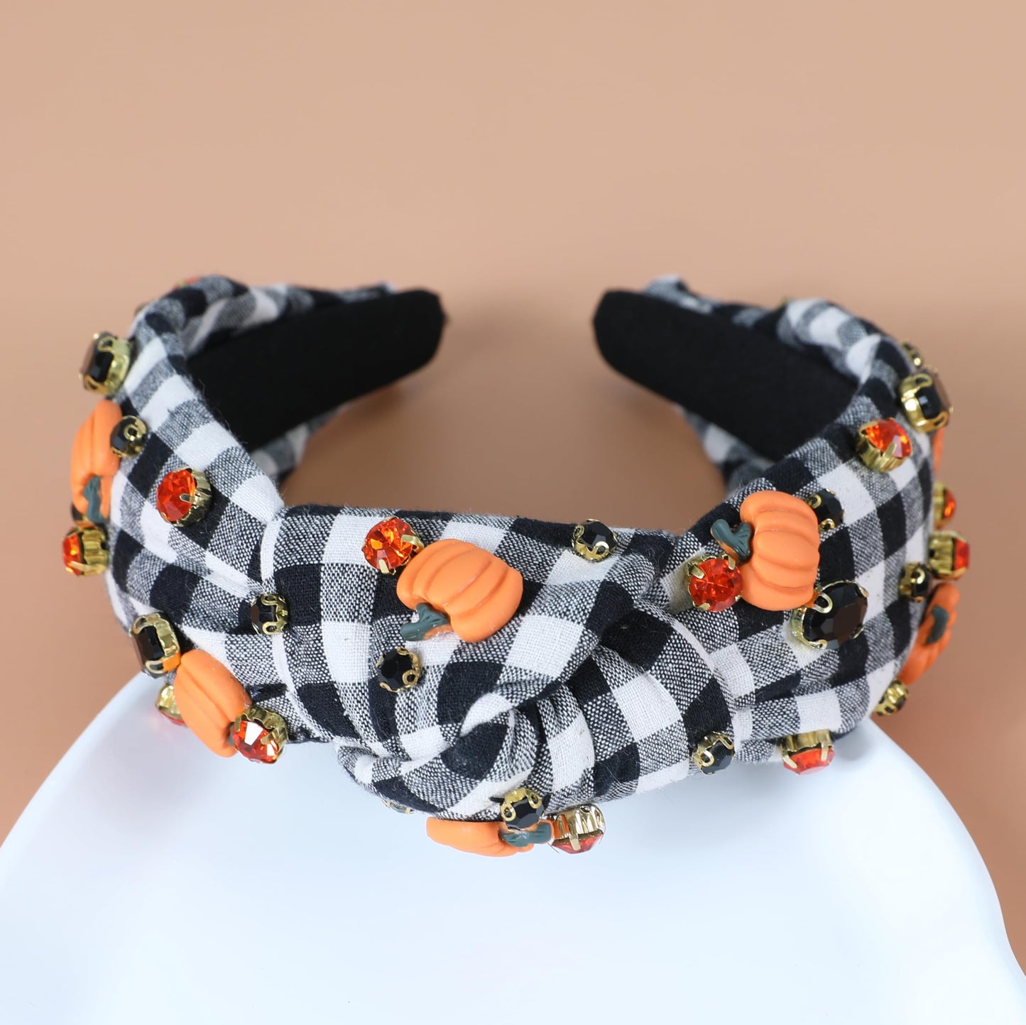 Gmmidea Halloween Pumpkin Headbands for Women Girls Halloween Accessories Outfits Sparkly Rhinestone Jeweled Knotted Headband Fashion Wide Twisted Black and White Plaid Hairband