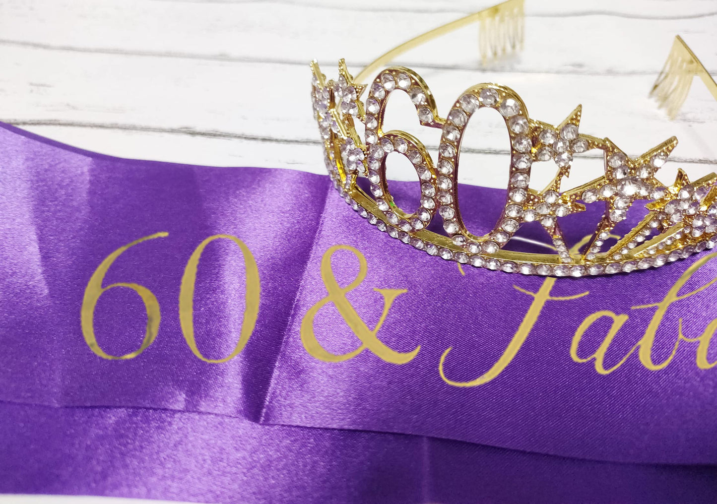 Happy 60th Birthday Tiara and Sash Gifts Crystal Rhinestone Princess Crown Birthday Queen Party Favor Supplies Gold Crowns Purple Sash