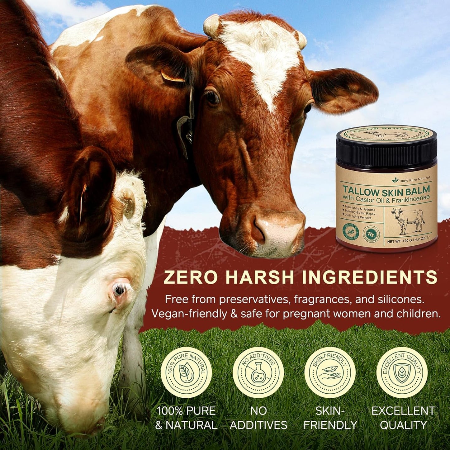 Skiennix Face Balm - Organic Tallow & Castor Oil with Frankincense | 100% Grass-Fed, Age-Defying Moisturizer for Sensitive & Dry Skin