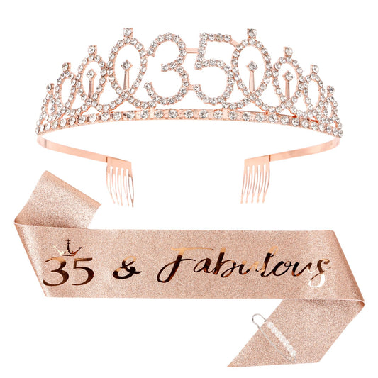 CIEHER 35th Birthday Crown + 35th Birthday Sash + Pearl Pin Set, 35 & Fabulous Birthday Sash, 35 Birthday Tiara, 35th Birthday Decorations for Women, 35th Birthday Gifts