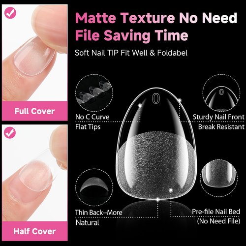 UNA GELLA Extra Short Almond Nail Tips, 312pcs XS Short Almond Gel Nail Tips Pre-Shaped Half Matte Full Cover No Need File Soft Gel Clear Fake Nails for Nails Extension Home DIY Salon 12 Sizes