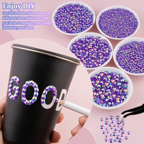 25000Pcs Resin Rhinestones for Crafting, Dark Purple AB 2-6mm Mixed Sizes Non Hotfix Flatback Gems with 1Pcs Glue, Bedazzling Crystal for DIY Craft Clothing Mugs Tumblers Shoes Fabric Decor Nail Art