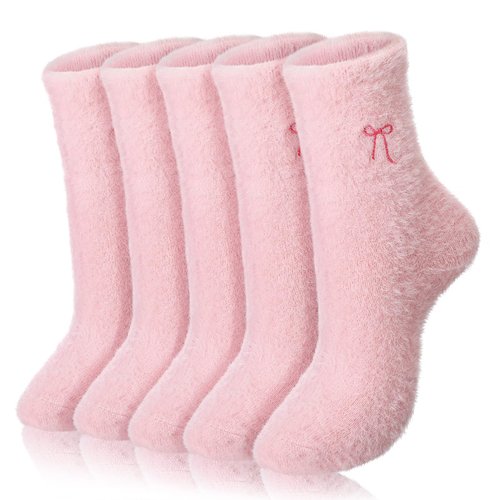 Geyoga 5 Pairs Fuzzy Socks for Women Valentines Day Cozy Gift Soft Spa Slipper Sock Coquette Stuff Fluffy Thick Home Sleeping(Pink,Bow)