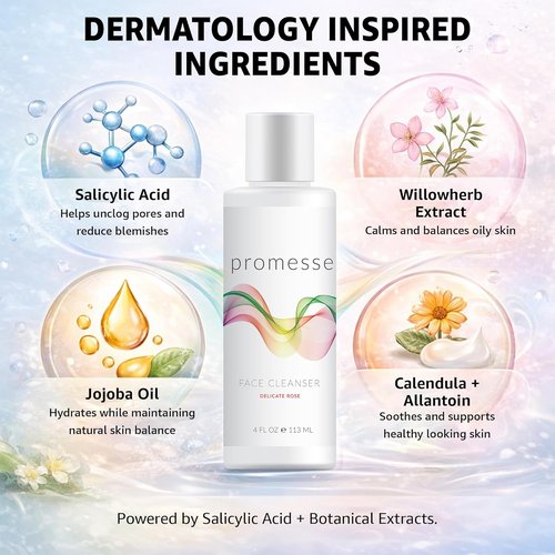 Promesse Acne Control Facial Cleanser - Glycolic & Salicylic Acid Exfoliating Face Wash | Rose Scented Hydrating Formula - 4 fl oz