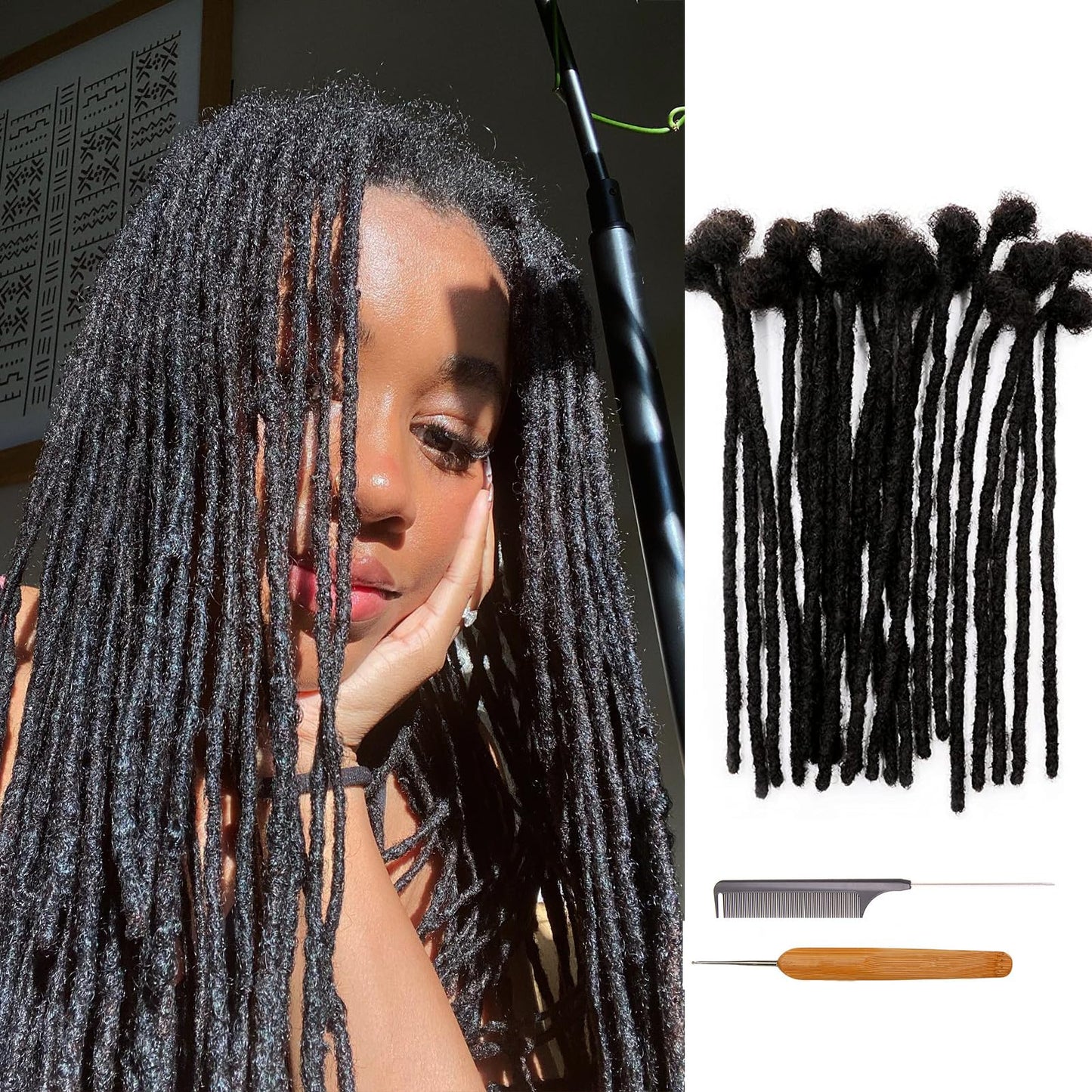 Coriario 14 Inch Dreadlock Extensions Human Hair 0.4cm 40 Strands Natural Black Handmade Permanent Loc Extensions Real Human Hair Dreads Extensions for Women Men Can Be Dyed, Curled and Bleached