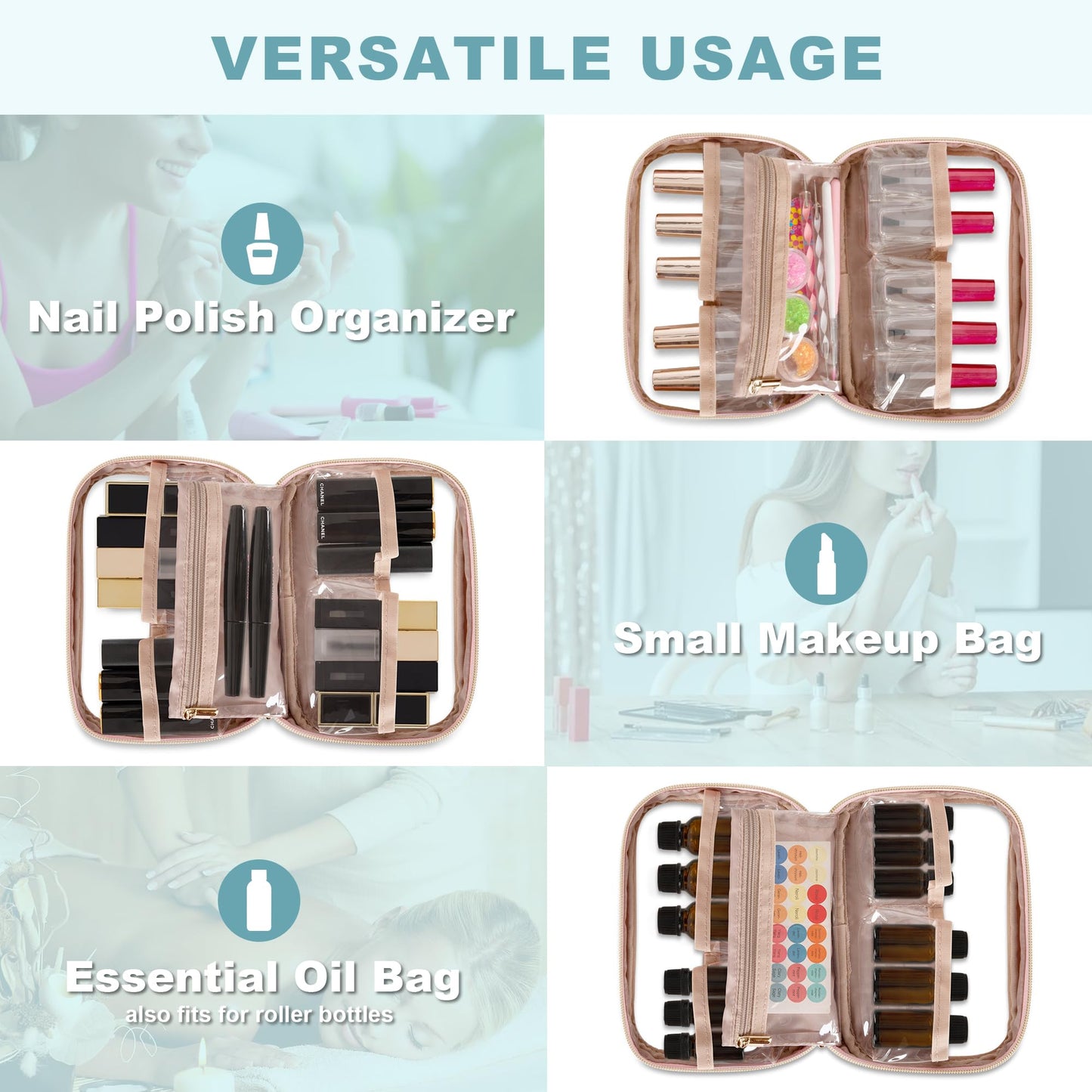 Yarwo Nail Polish Organizer Holds 10 Bottles (15ml/0.5 fl.oz), Small Nail Polish Travel Bag with Visible Window, Multifunctional Nail Art Carrying Case for Manicure Kit, Dusty Rose (Bag Only)