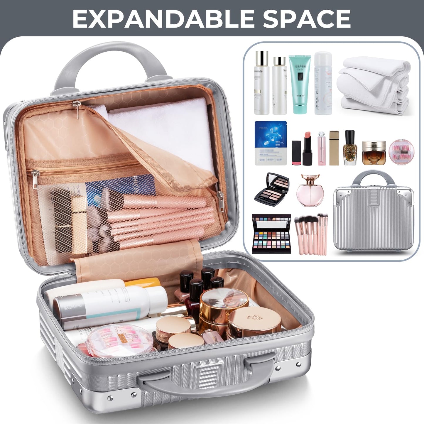 Noverlife 12 Inch Hard Shell Cosmetic Case, Small Hard Case Makeup Travel Case with Elastic Band ABS Carrying Suitcase, Mini Carrying Makeup Suitcase Small Travel Hand Luggage Organizer - Silver