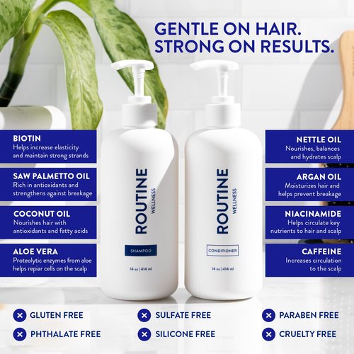 Routine Wellness Anti-Thinning Shampoo and Conditioner Set for Thinning Hair - Biotin DHT Blocker Women & Men - Color Safe Shampoo for Hair Loss & Healthier Hair - Coconut & Vanilla (Pack of 2)