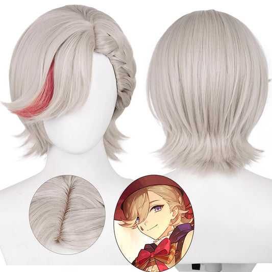 Lyney Genshin Cosplay Wig Man Gray Brown Short Straight Hair for Comic Con, Cosplay show, Halloween with Free Wig Cap