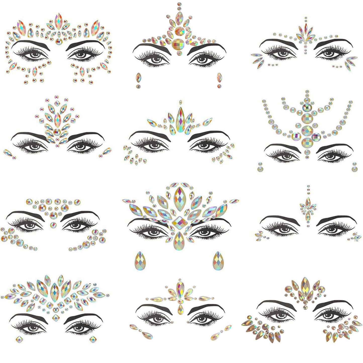 TGANNYOCR 12 Sets Noctilucent Face Jewels Mermaid Rhinestones Stick on Temporary Tattoos Body Jewel Crystal Stickers Luminous Face Gems for Rave Festival Race Carnival Party